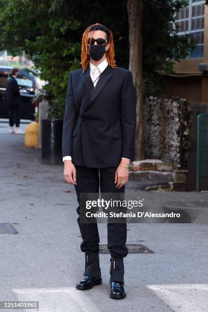 Singer Ghali is seen arriving at the Aniye By fashion show at Magazzini Generali on June 22, 2020 in Milan, Italy.