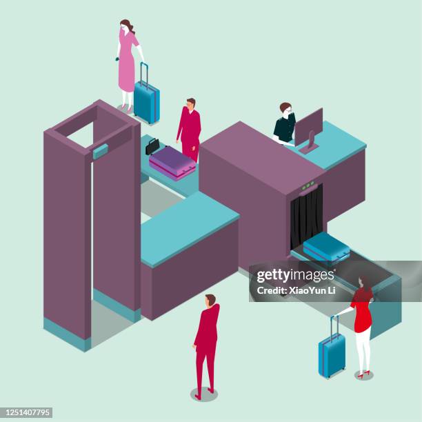 vector drawing isometric security checkpoint machine.tourists are undergoing security checks. - airport isometric stock illustrations