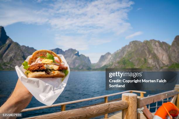 closer look of a seafood sandwich on an idyllic place in reine, norway - hand holding burger stock pictures, royalty-free photos & images