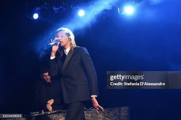 Ghali is seen performing at the Aniye By fashion show at Magazzini Generali on June 22, 2020 in Milan, Italy.