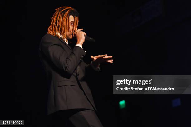 Ghali is seen performing at the Aniye By fashion show at Magazzini Generali on June 22, 2020 in Milan, Italy.