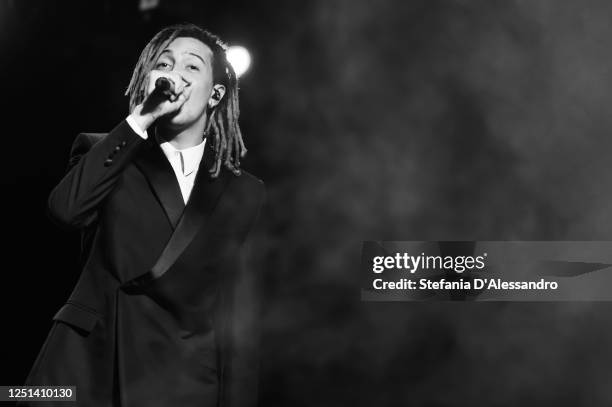 Ghali is seen performing at the Aniye By fashion show at Magazzini Generali on June 22, 2020 in Milan, Italy.