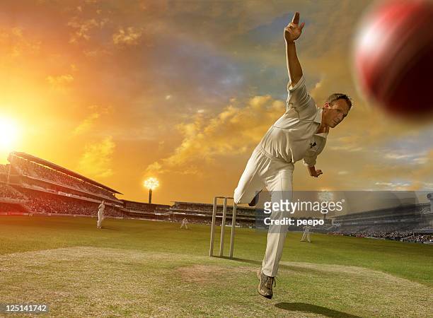 cricketwerfer in aktion - cricket bowler stock-fotos und bilder