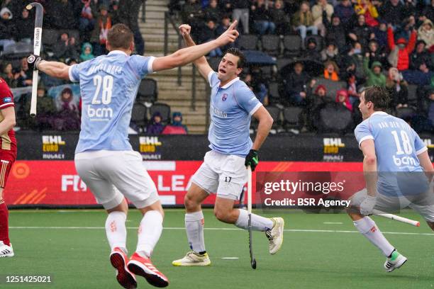 Floris Wortelboer of Bloemendaal, Teun Beins of Bloemendaal, Casper van der Veen of Bloemendaal celebrating a goal during the ABN AMRO EHL FINAL8 -...