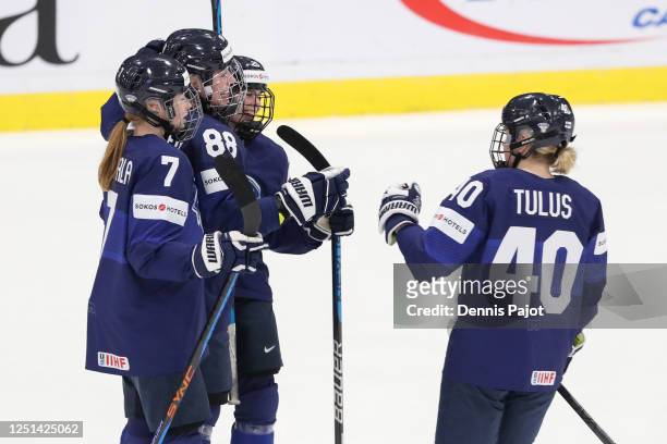 Defender Ronja Savolainen of Finland celebrates her third period goal during the 2023 IIHF Women's World Championship at CAA Centre on April 10, 2023...