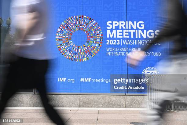 View of the sign for the 2023 Spring Meetings of the World Bank/International Monetary Fund in Washington DC, United States on April 10, 2023.