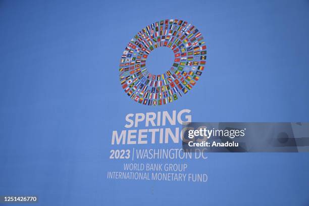 View of the sign for the 2023 Spring Meetings of the World Bank/International Monetary Fund in Washington DC, United States on April 10, 2023.