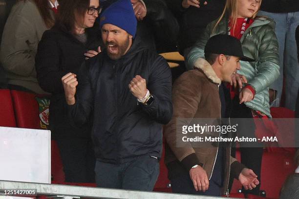 Wrexham Football Club owner Ryan Reynolds celebrates the 3-2 victory during the Vanarama National League fixture between Wrexham and Notts County at...