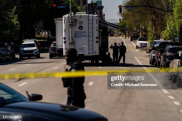 Police tape surrounds the Old National Bank after a gunman opened fire on April 10, 2023 in Louisville, Kentucky. A gunman who was also confirmed...