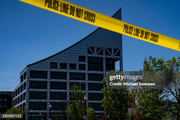 Police tape surrounds the Old National Bank after a gunman opened fire on April 10, 2023 in Louisville, Kentucky. A gunman who was also confirmed...