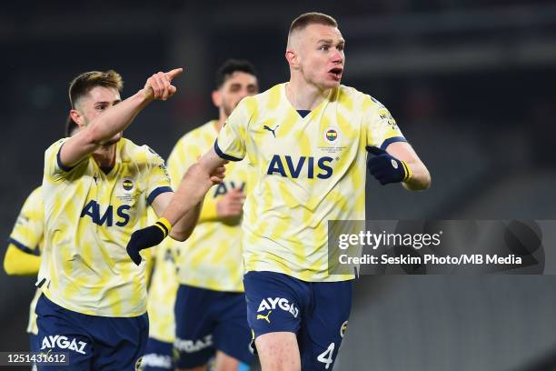 Attila Szalai of Fenerbahce celebrates after scoring the second goal of his team with teammates during the Super Lig match between Fatih Karagumruk...