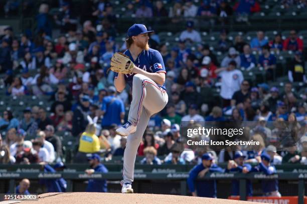 Texas Rangers starting pitcher Jon Gray during a Major League Baseball game between the Texas Rangers and the Chicago Cubs on April 09, 2023 at...