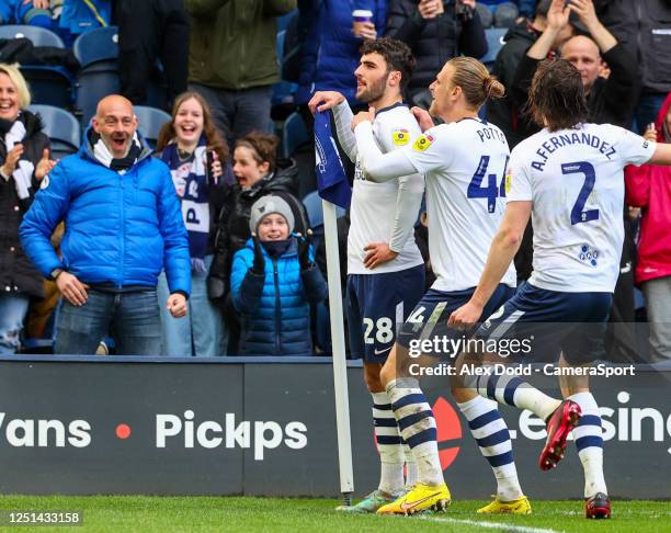 Preston North End's Thomas Cannon celebrates scoring the opening goal during the Sky Bet Championship between Preston North End and Reading at...