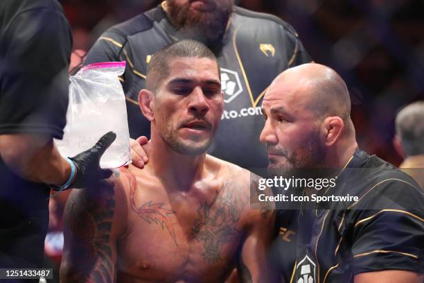 Alex Pereira reacts after his loss to Israel Adesanya in their middleweight fight during the UFC 287 event on April 8 at the Kaseya Center in Miami,...