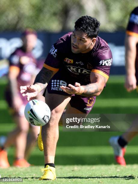 Isaac Luke passes the ball during a Brisbane Broncos NRL training session at the Clive Berghofer Centre on June 23, 2020 in Brisbane, Australia.