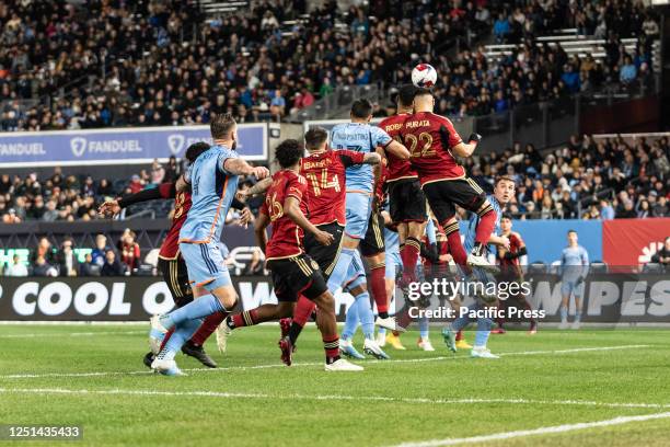 Juan Jose Purata of Atlanta United controls air ball during regular MLS season match against NYCFC at Yankee Stadium. Match ended in 1 - 1 draw.