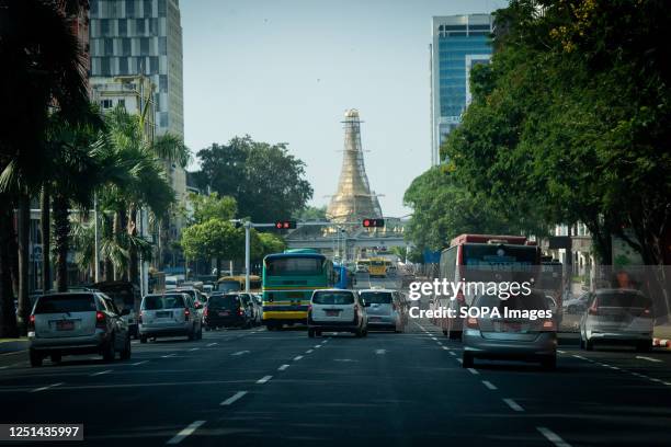 General view of traffic in front of Sule Pagoda in Yangon.