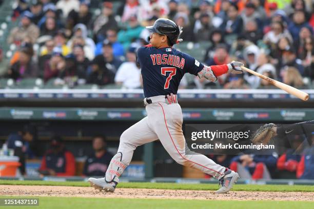 Masataka Yoshida of the Boston Red Sox bats in the 7th inning of the game against the Detroit Tigers at Comerica Park on April 8, 2023 in Detroit,...