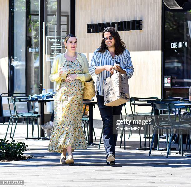 Rumer Willis and Derek Richard Thomas are seen leaving Erewhon Market on April 10, 2023 in Los Angeles, California.