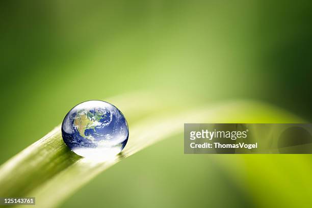 il mondo in una goccia di acqua terra verde natura ambiente - colore verde foto e immagini stock