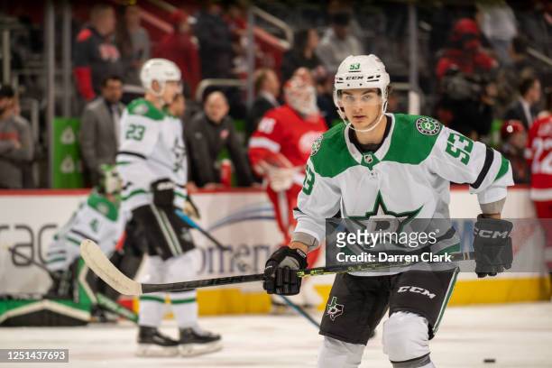 Wyatt Johnston of the Dallas Stars waiting to shoot in warmups during the first period against the Detroit Red Wings an NHL game at Little Caesars...