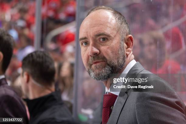 Head coach Pete DeBoer of the Dallas Stars watches the action from the bench against the Detroit Red Wings during the first period of an NHL game at...