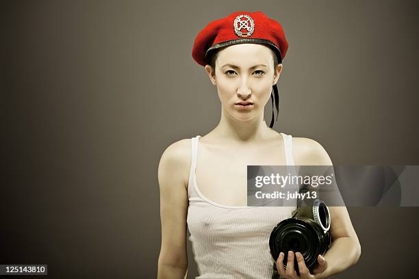 asian girl with gas-mask - faces of the conflict stock pictures, royalty-free photos & images