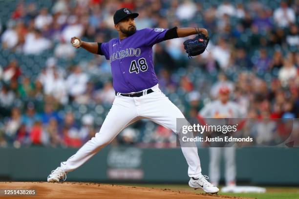 Starting pitcher German Marquez of the Colorado Rockies delivers to home plate during the first inning against the St. Louis Cardinals at Coors Field...