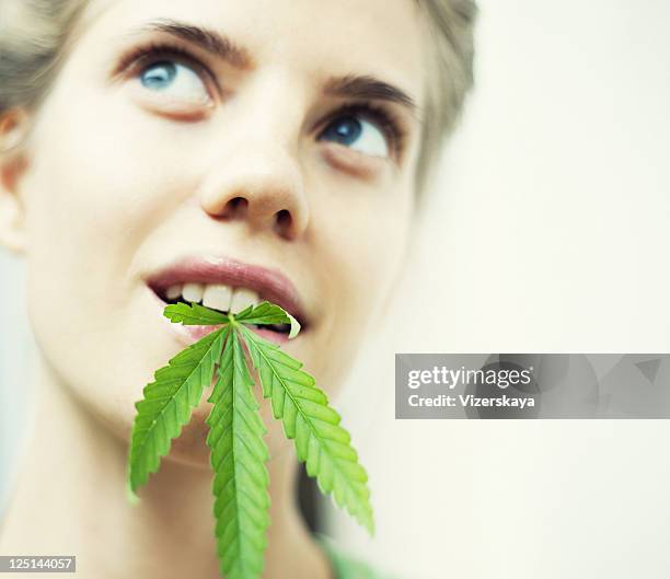 women with hemp leaf in mouth - carrying in mouth stock pictures, royalty-free photos & images