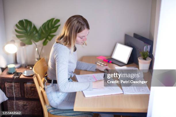 a sixteen-year-old girl doing school-work in her room at home. - 16 year stock pictures, royalty-free photos & images