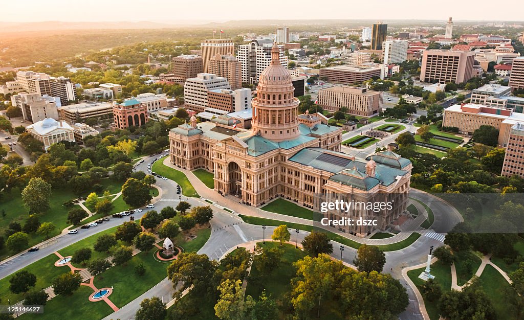 Capitol building, aerial skyline, sunset, Austin, TX,  Texas State Capital