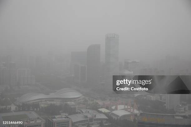 View of the polluted city of Xi 'an, Shaanxi province, China, April 11, 2023. Shaanxi Provincial meteorological Observatory issued yellow sandstorm...