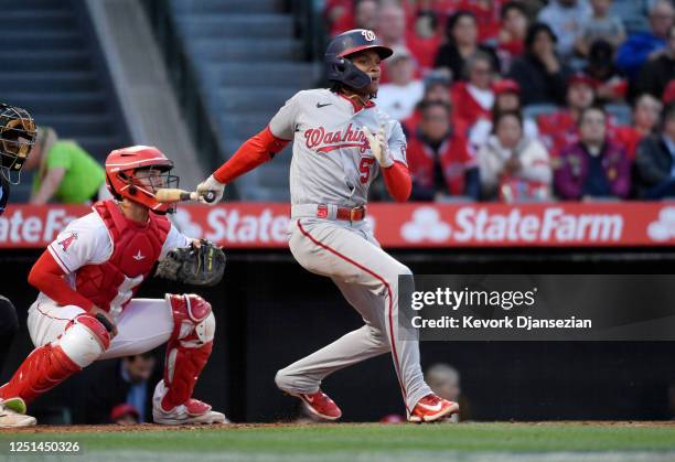 Abrams of the Washington Nationals hits an RBI single against the Los Angeles Angels during the second inning at Angel Stadium of Anaheim on April...