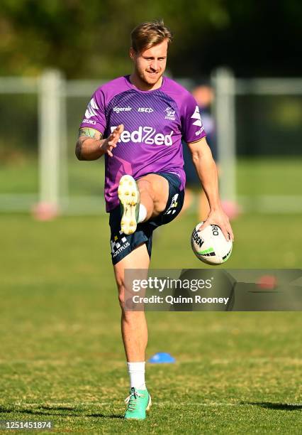 Cameron Munster of the Storm warms up during a Melbourne Storm NRL training session at Gosch's Paddock on June 23, 2020 in Melbourne, Australia.