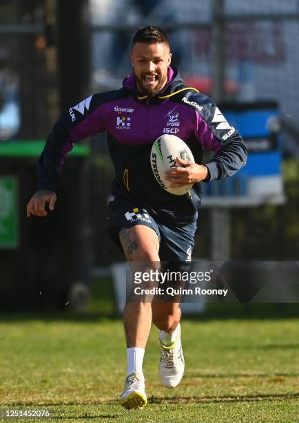 Sandor Earl of the Storm runs with the ball during a Melbourne Storm NRL training session at Gosch's Paddock on June 23, 2020 in Melbourne, Australia.