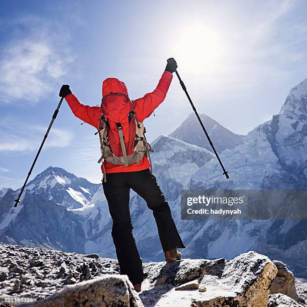 sunrise over mount everest, himalaya, nepal - hiking pole stock pictures, royalty-free photos & images