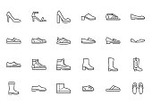 Shoe line icon set. High heels sandal, cowboy boots, hiking footwear, sneakers, slipper minimal vector illustrations. Simple outline signs for fashion application. Pixel Perfect. Editable Stroke