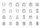 Clothing line icon set. Dress, polo t-shirt, jeans, winter coat, jacket pants, skirt minimal vector illustrations. Simple outline signs for fashion application. Pixel Perfect. Editable Strokes