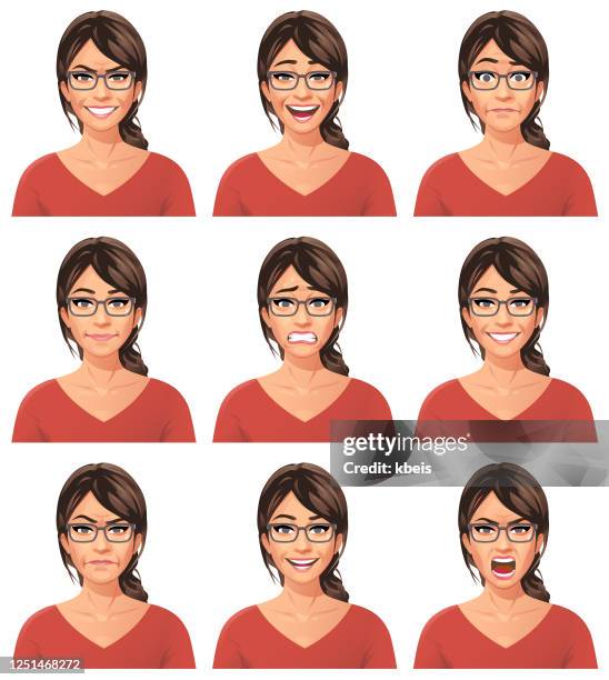 stockillustraties, clipart, cartoons en iconen met jonge vrouw met glazenportret- emoties - young women