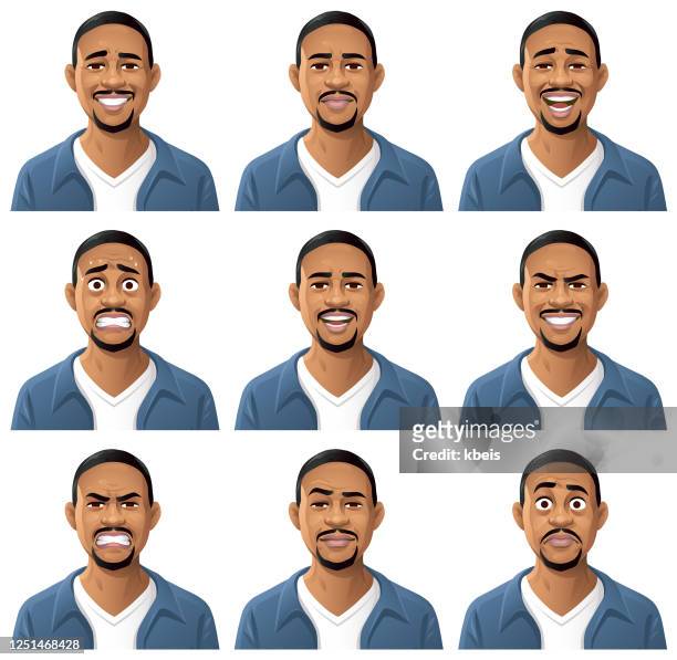 junge afroamerikanische mann portrait -emotionen - menschliches gesicht stock-grafiken, -clipart, -cartoons und -symbole