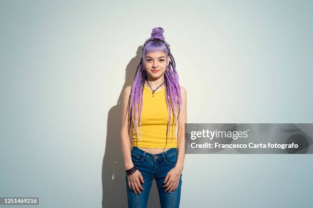 woman with purple hair - nose piercing stock pictures, royalty-free photos & images