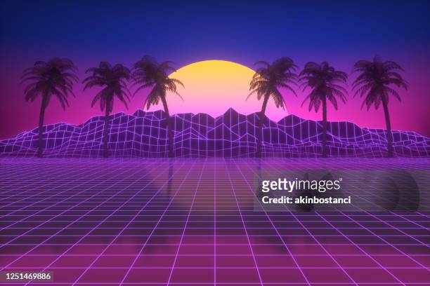 retro futuristic sun with palm trees, 80s abstract background - retro beach stock illustrations