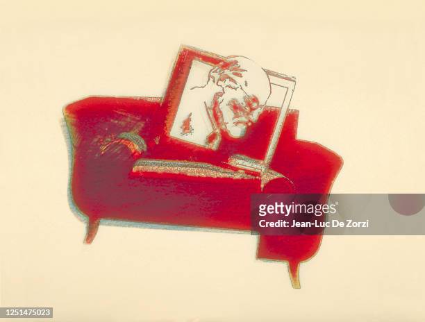 freud and his couch illustration - psychiatrist's couch stock pictures, royalty-free photos & images