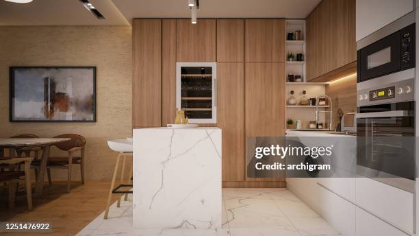 computer generated image of kitchen and living room. architectural visualization. 3d rendering. - granite kitchen stock pictures, royalty-free photos & images
