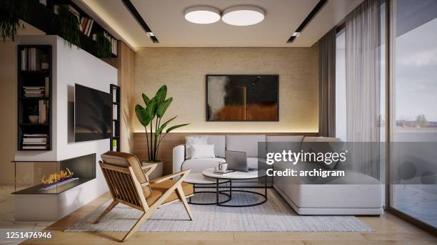 computer generated image of living room. architectural visualization. 3d rendering. - sofa bed stock pictures, royalty-free photos & images