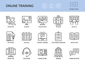 Online training vector icons. Set with editable stroke. Workshop practice guide instruction. Calendar schedule education seminar presentation test communication webinar course audio book