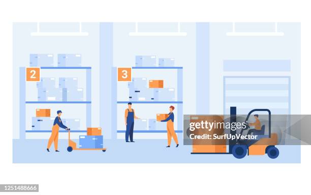 logistic workers carrying boxes with loaders - warehouse shelves stock illustrations