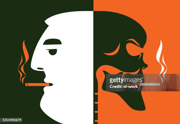 mann rauchen mit schädel-silhouette - rauchen stock-grafiken, -clipart, -cartoons und -symbole