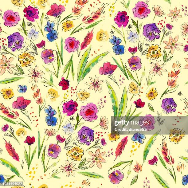 ilustrações de stock, clip art, desenhos animados e ícones de wildflowers watercolor seamless background pattern - seamless flower aquarel