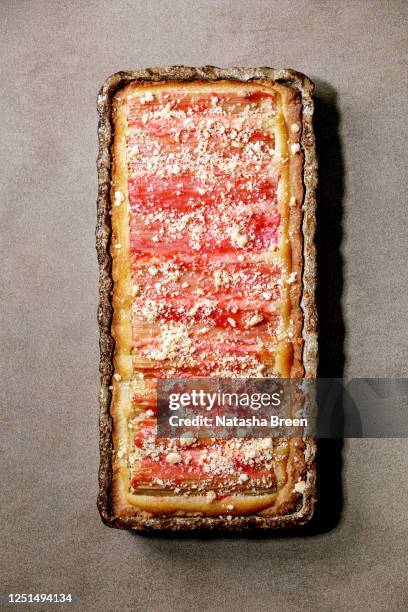 strawberry rhubarb tart - rectangle cake top view stock pictures, royalty-free photos & images
